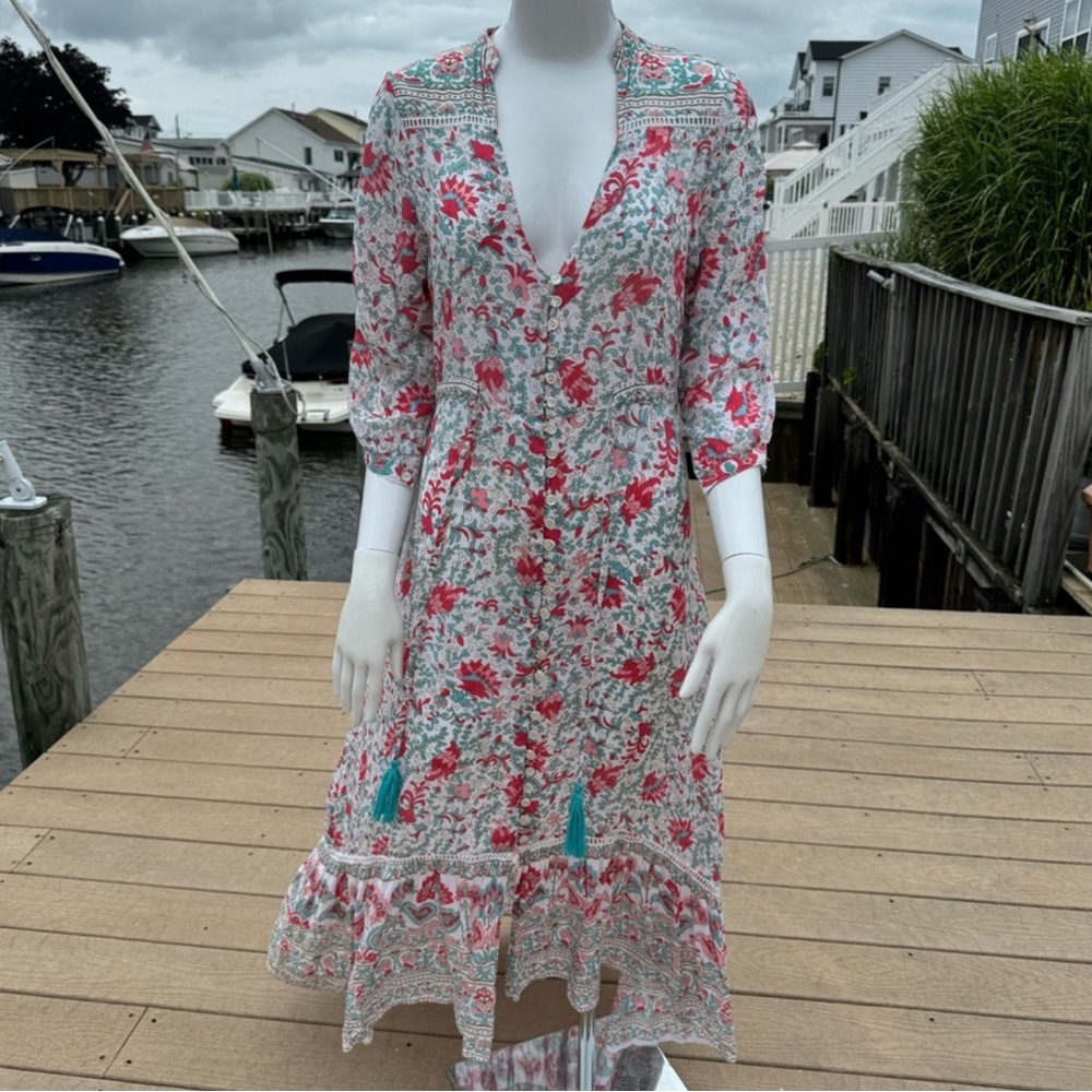 Pink and White Ruffled Midi Sundress with V-Neck